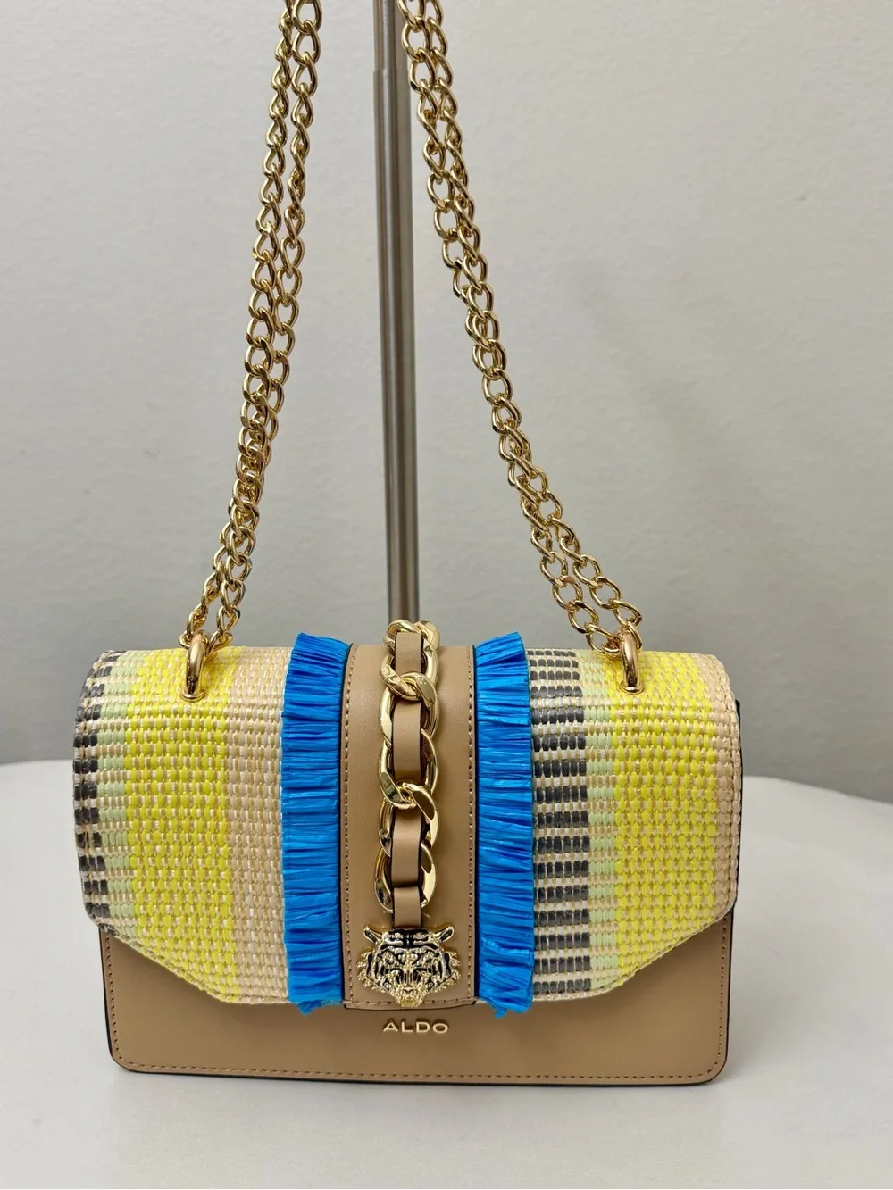 ALDO Women's Tan Raffia Fringe Shoulder Bag with Blue and Yellow Accents